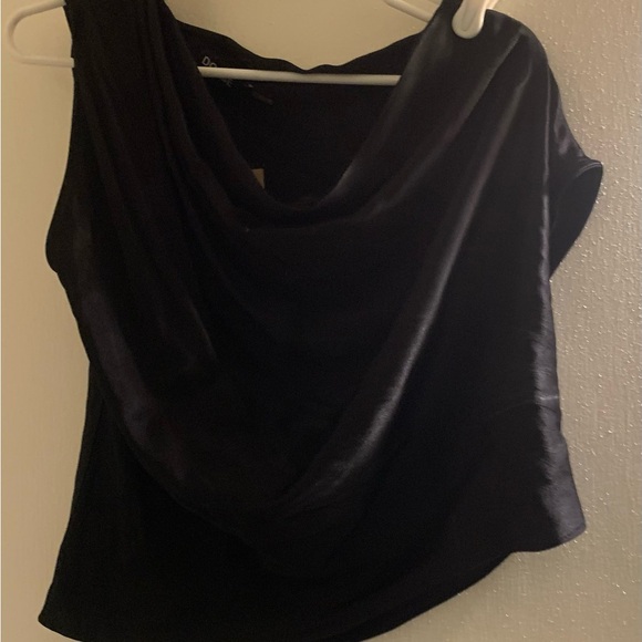 NWT Asymmetrical satin Black Off-Shoulder Top - Picture 2 of 3